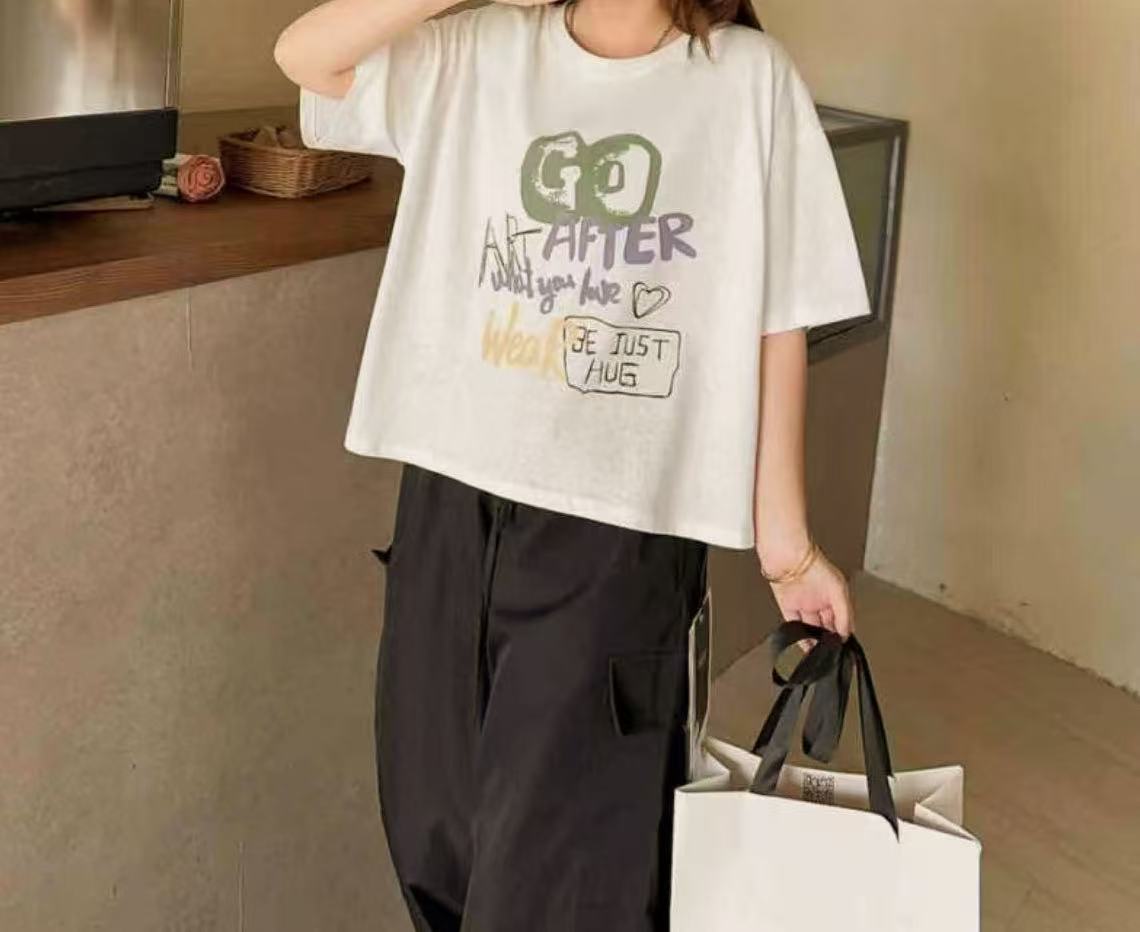 BA家A2872杏GO英文印花时尚T恤