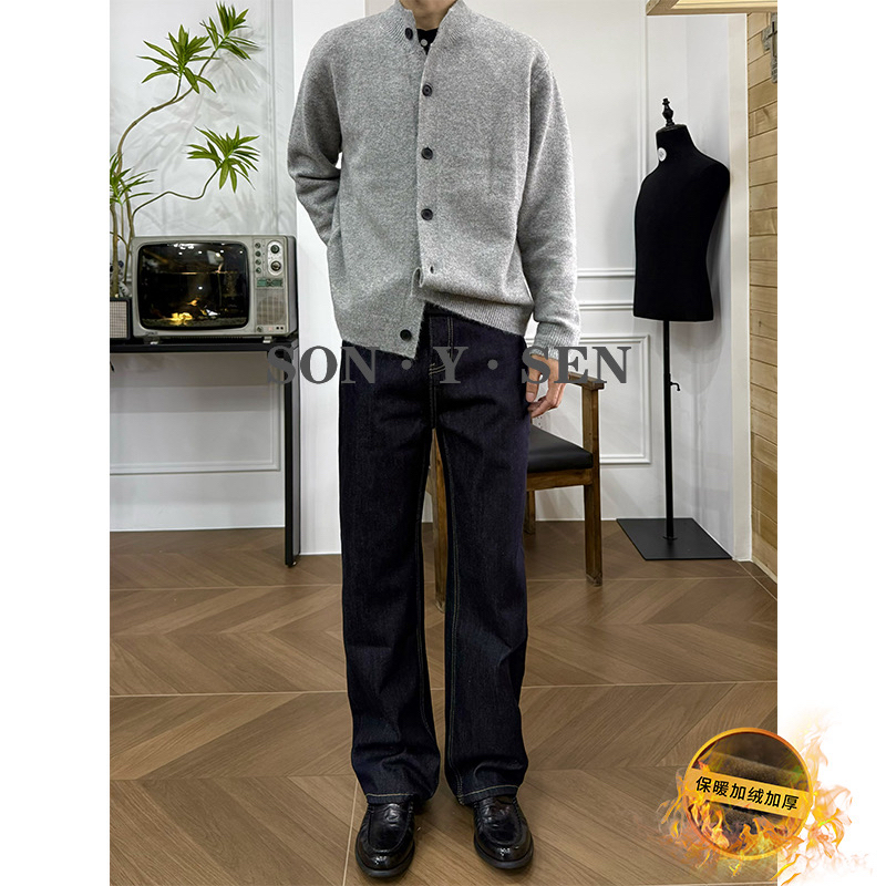 秋冬美式老钱风加绒原牛赤耳牛仔裤男直筒宽松男女同款A字版长裤