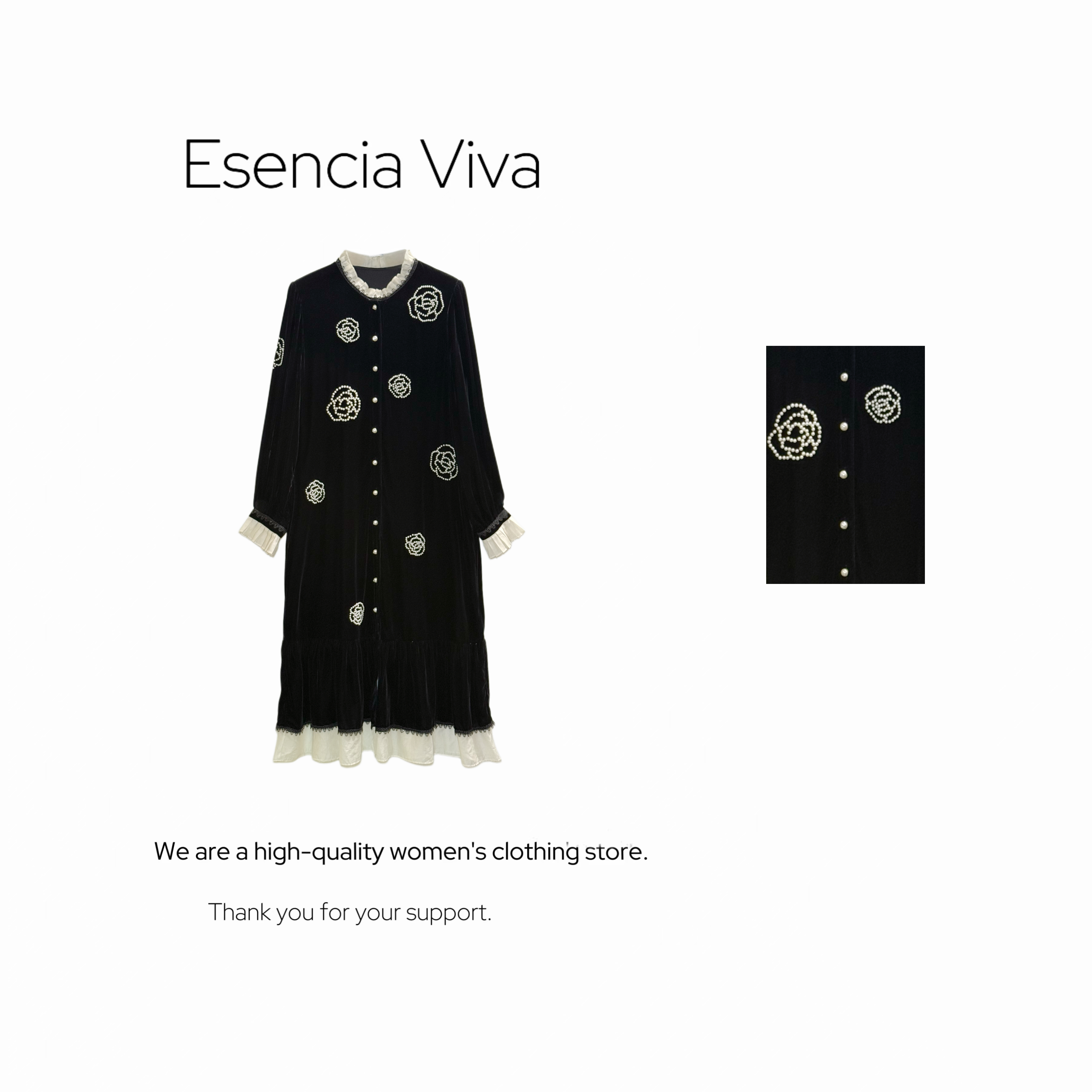 EV.【原创设计】100%桑蚕丝绒山茶花珍珠气质风衣连衣裙EVZZ1118