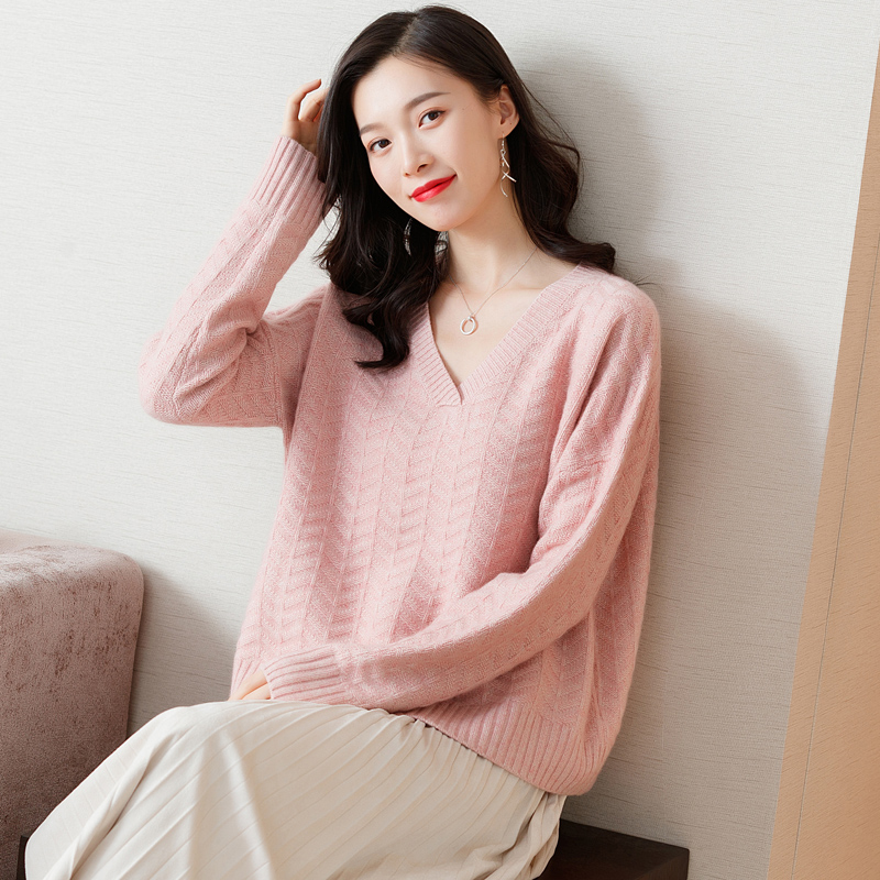 藏里羊 V领套头羊绒衫绞花纯色100羊绒打底衫BC00583