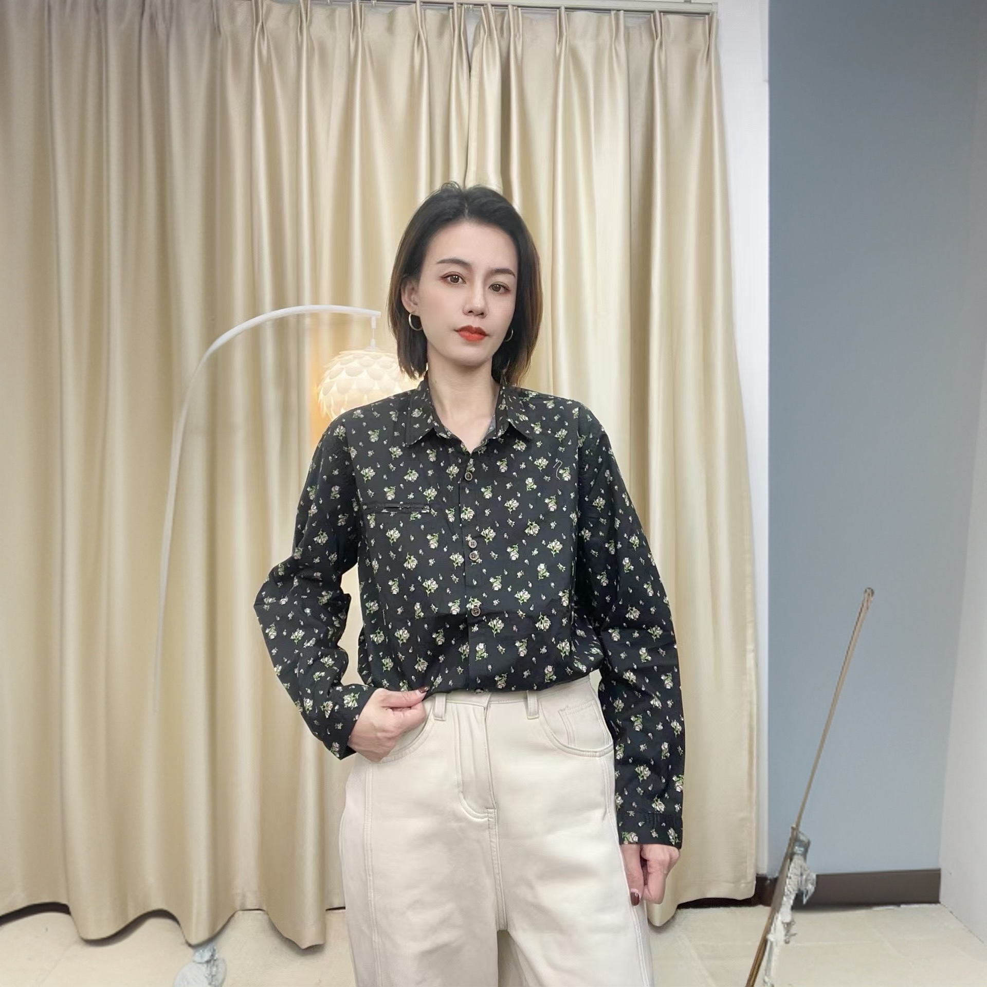 纯棉碎花长袖衬衣女翻领内搭外穿洋气衬衫百搭亮色印花上衣春秋