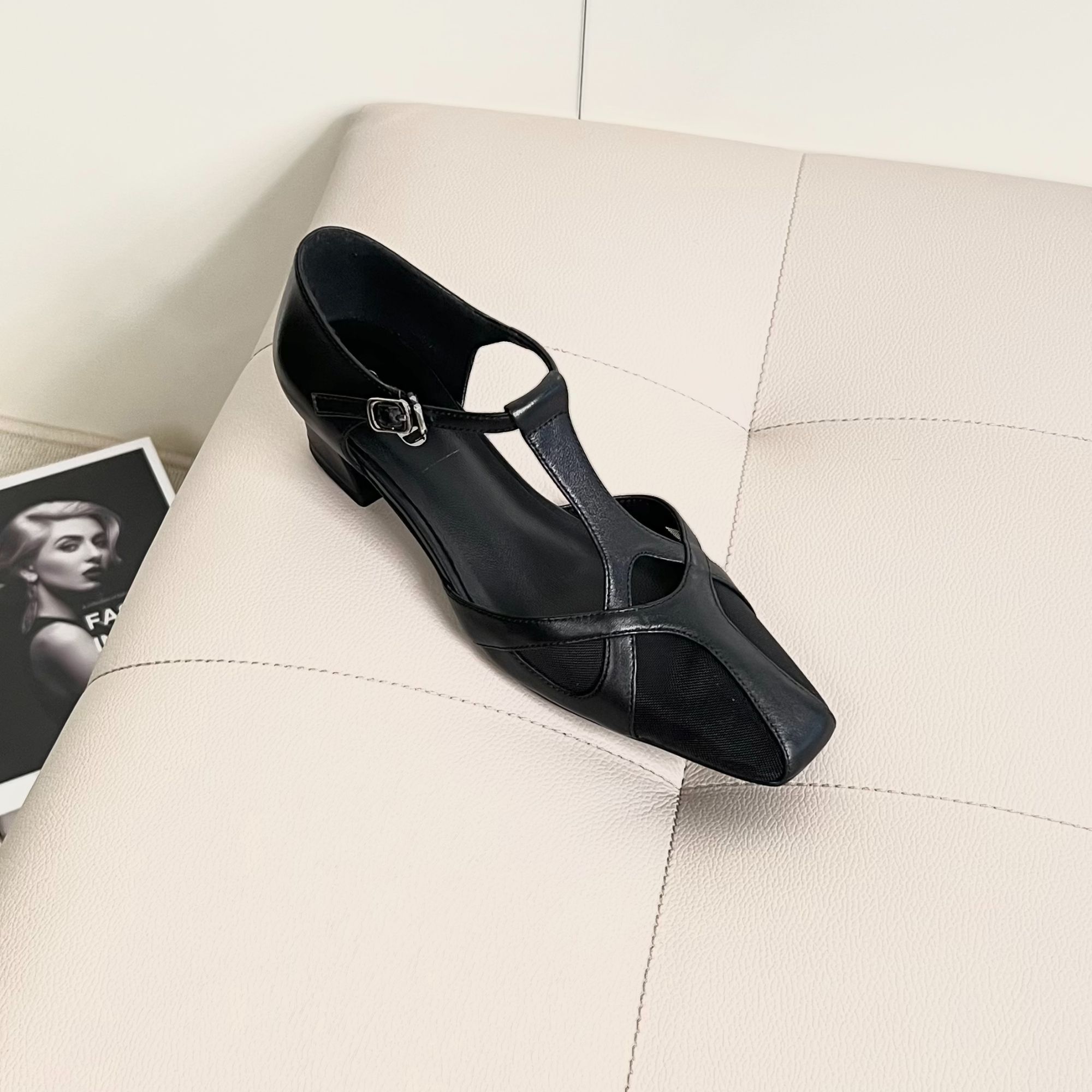 【GOOD】4CM夏季新款真皮舒适透气浅口百搭粗跟方头凉鞋1002