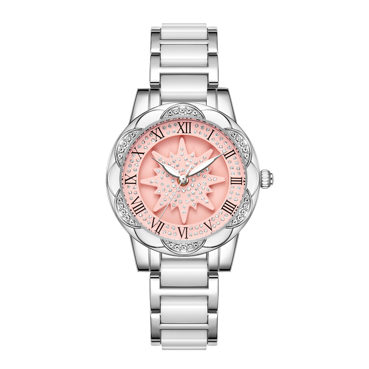 时尚气质幸运女神太阳花可转表盘间陶瓷精钢石英女表9121L-2