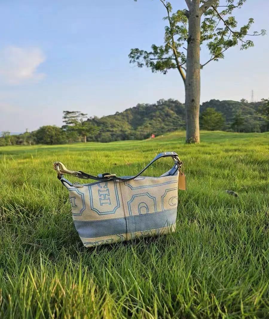 蓝色饭盒包刺绣单肩腋下包中古包