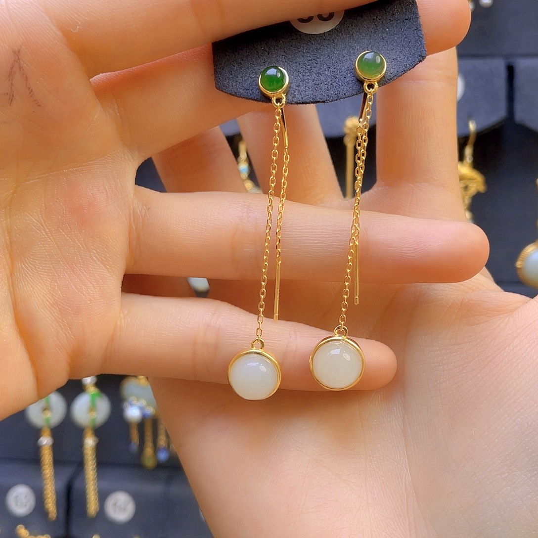 和田玉耳饰银S925镀金镶嵌