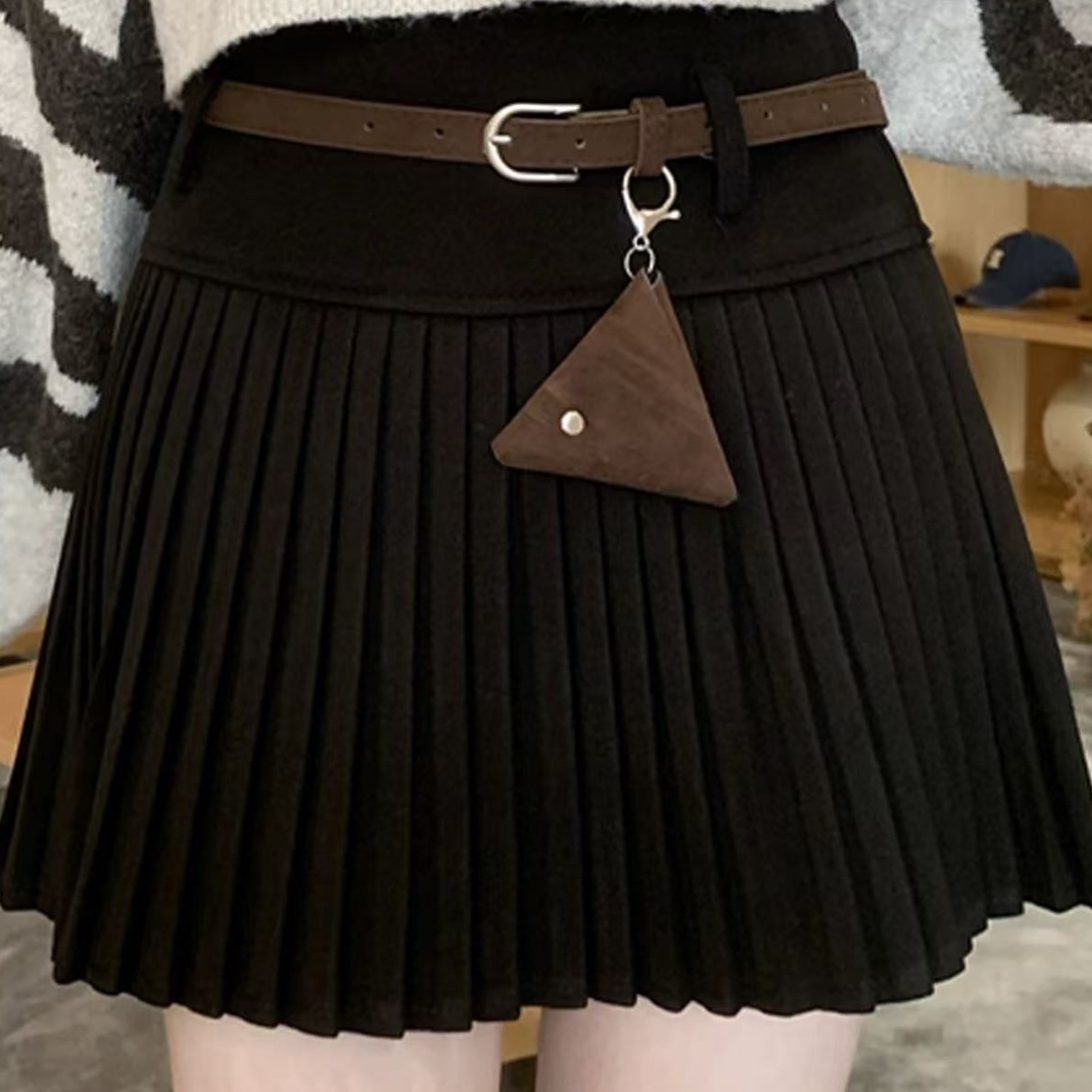 【花花家】风琴百褶高腰显瘦防走光秋冬毛呢A字短裙半身裙 1230