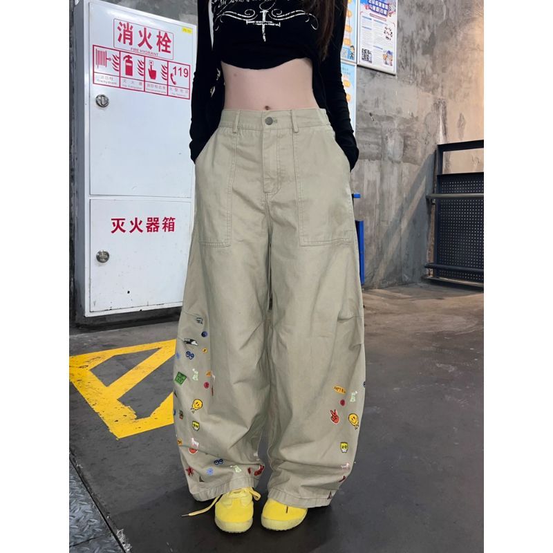 美式复古印花弯刀工装休闲裤男女设计感小众宽松阔腿裤拖地长裤潮