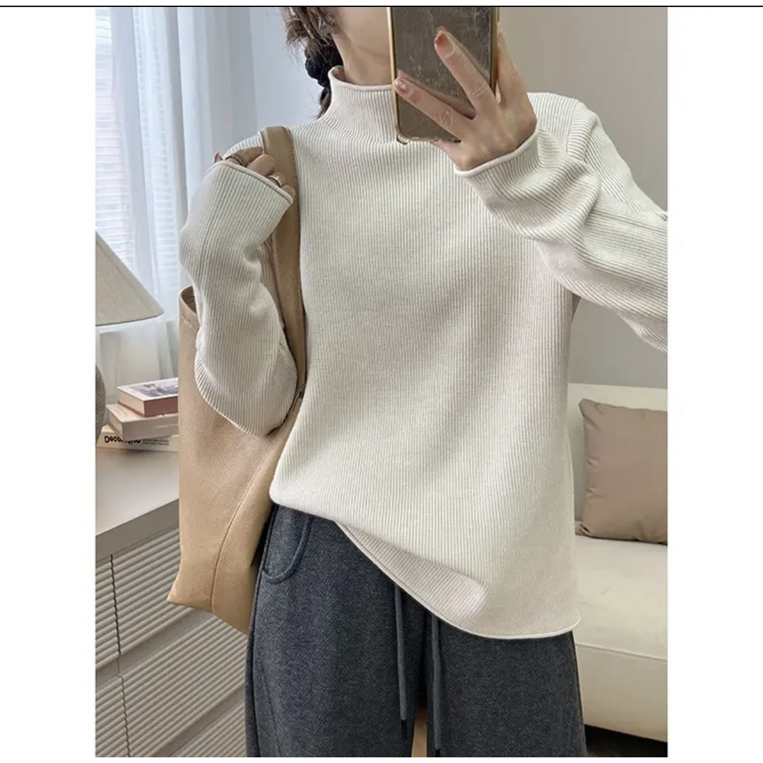 工厂现货新款（90-160斤穿）加厚保暖显瘦百搭卷边小半高领针织毛衣