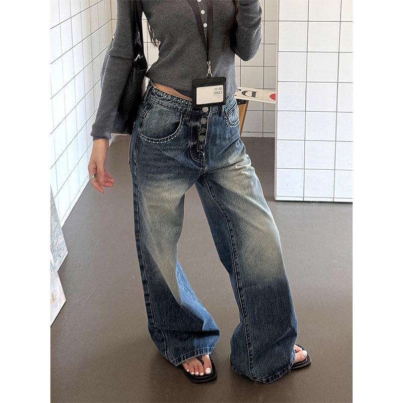 美式复古水洗低腰牛仔裤女秋冬新款休闲直筒宽松垂感阔腿拖地裤子