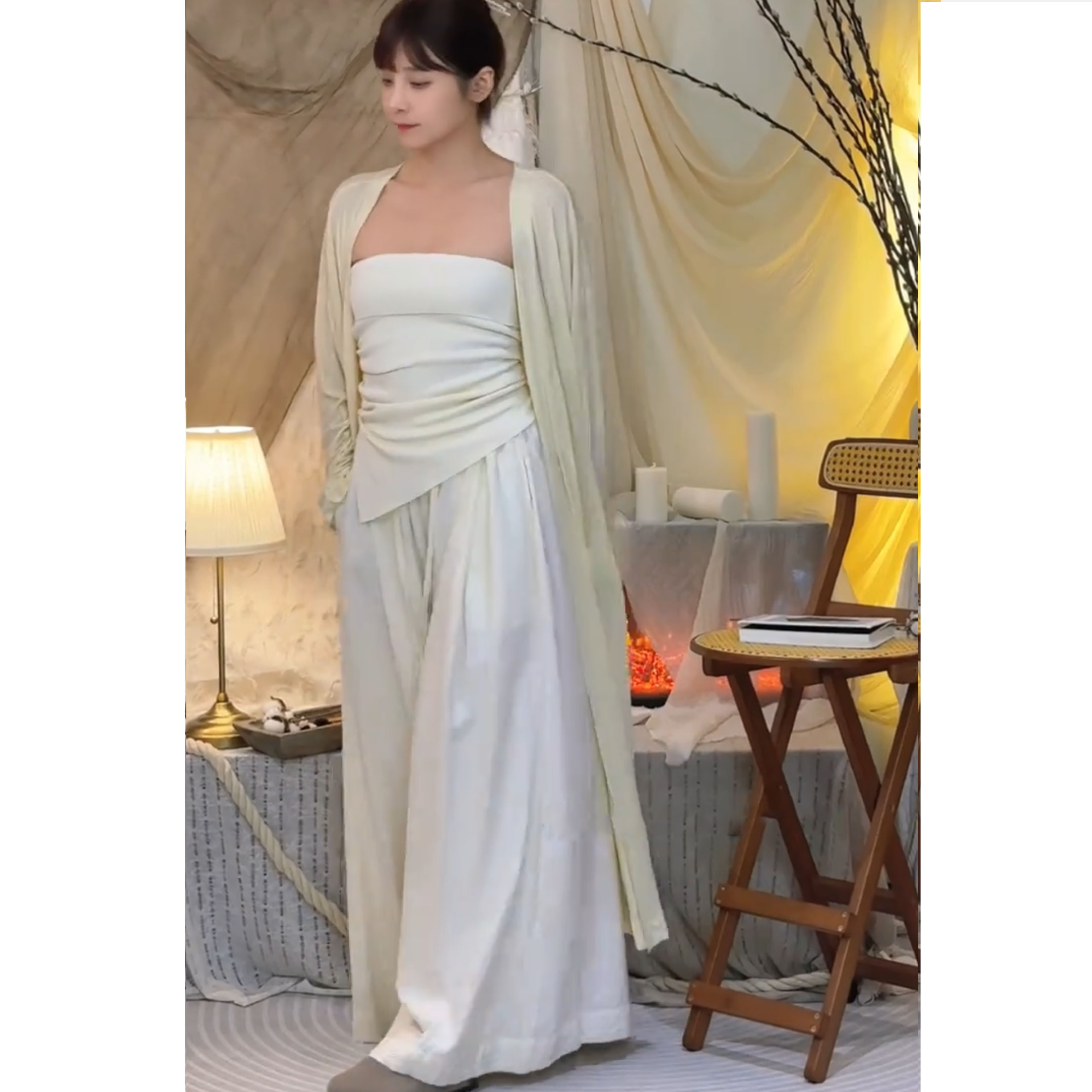 Zyi气质春夏纯色宽松复古裤裙白色裤子薄款夏季长款百搭服装显瘦