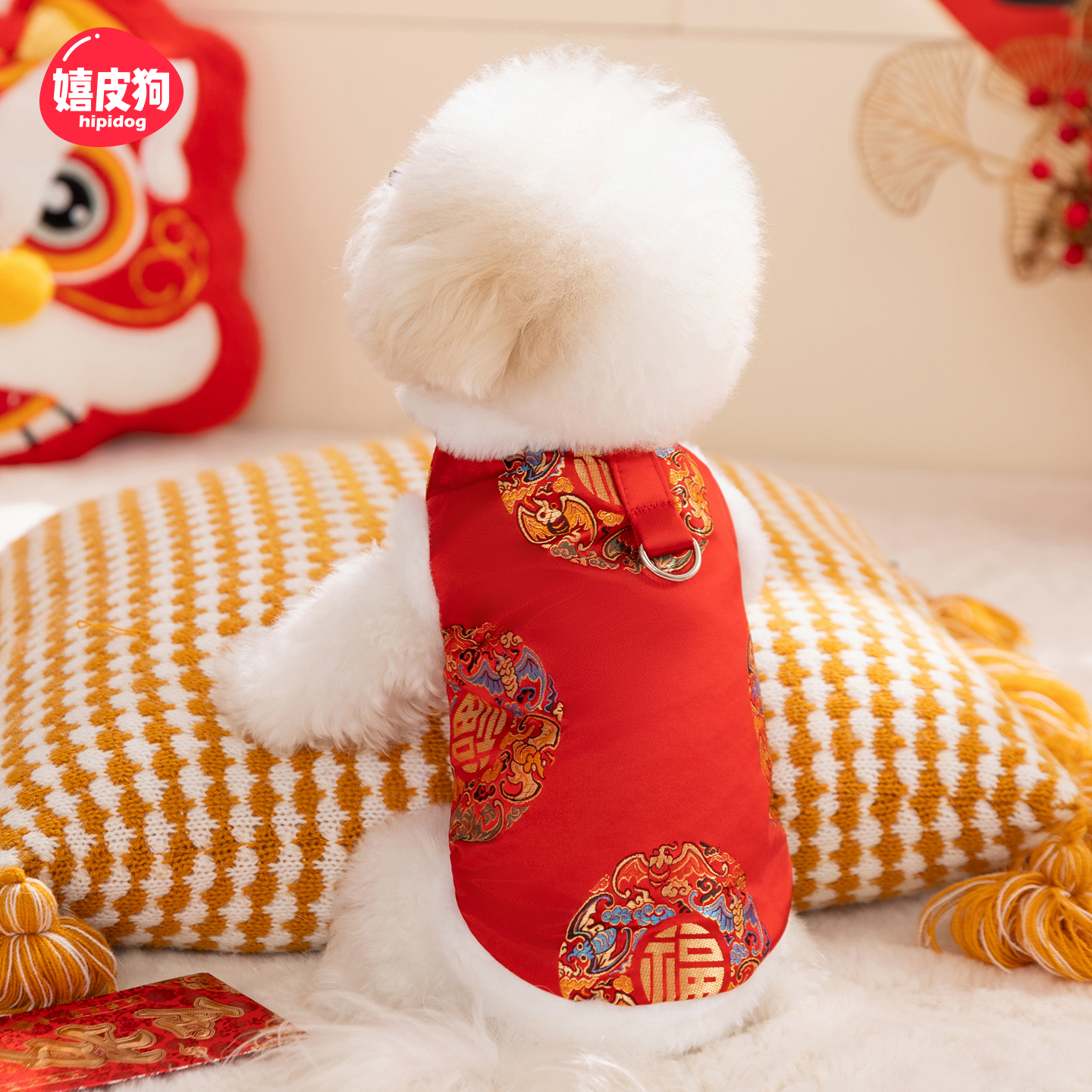 嬉皮狗秋冬季狗狗简约五龙团新年马甲小型犬保暖过年宠物衣服8301