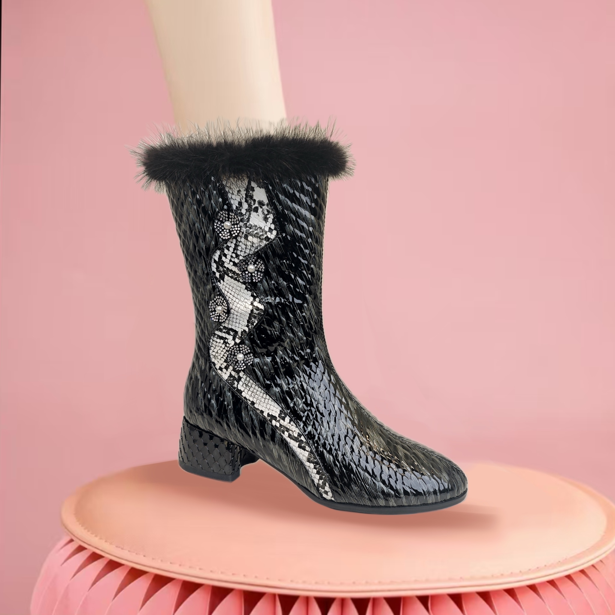 法式细跟高跟侧拉链绒里气质时尚时装靴百搭短靴冬粗跟hy3549