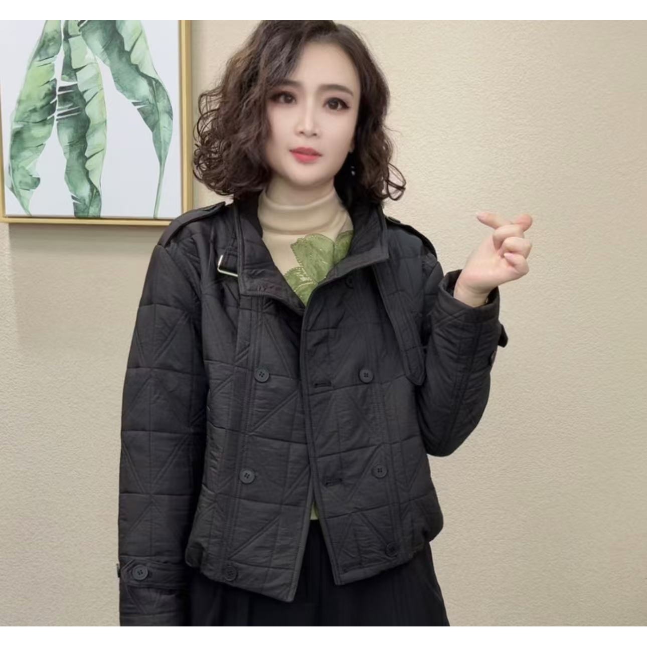秋冬新款时尚立领菱格纹棉服女短款夹克夹棉保暖外套棉衣女设计感