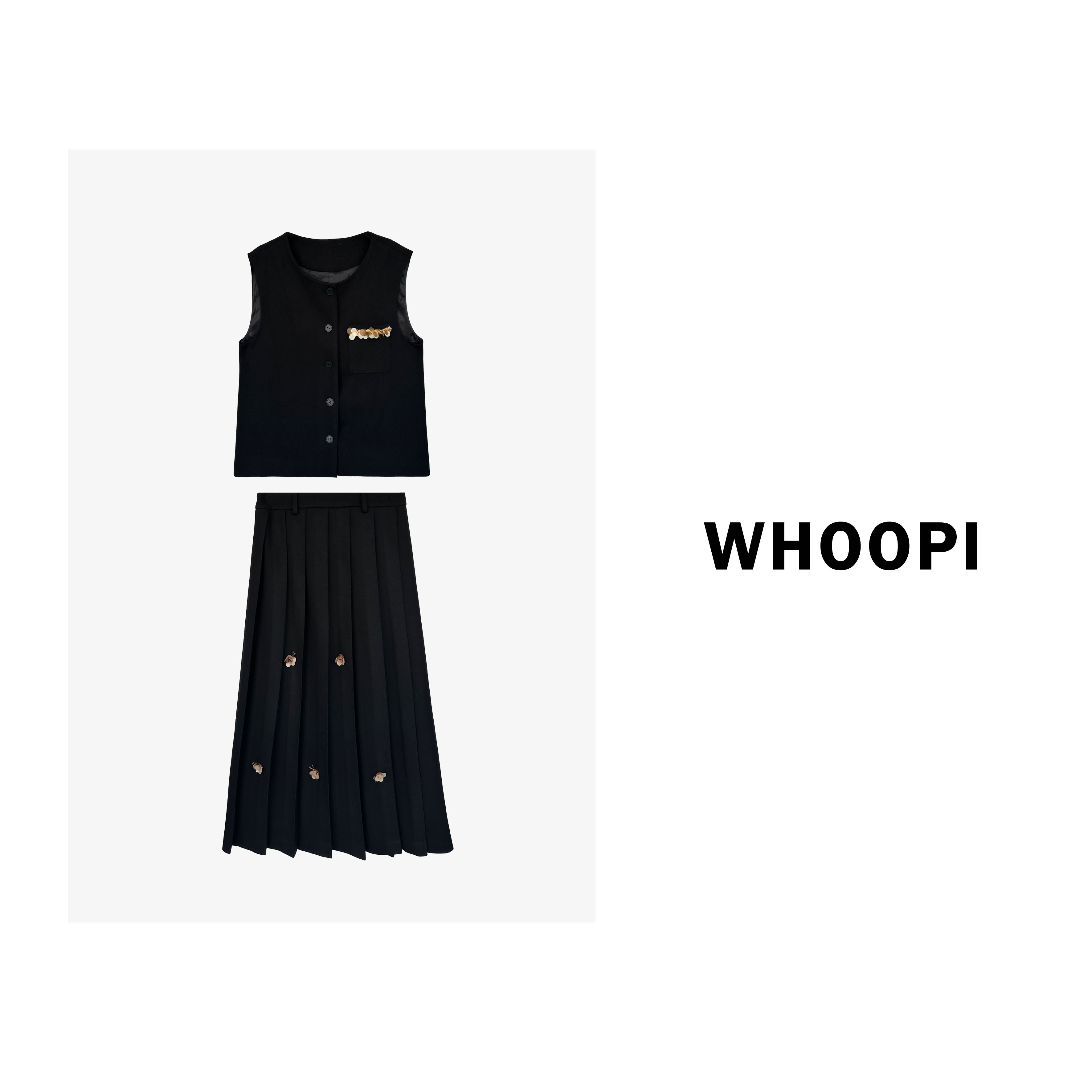 【Whoopi】【时代新贵】静奢高级手工钉珠无袖背心百褶裙套装