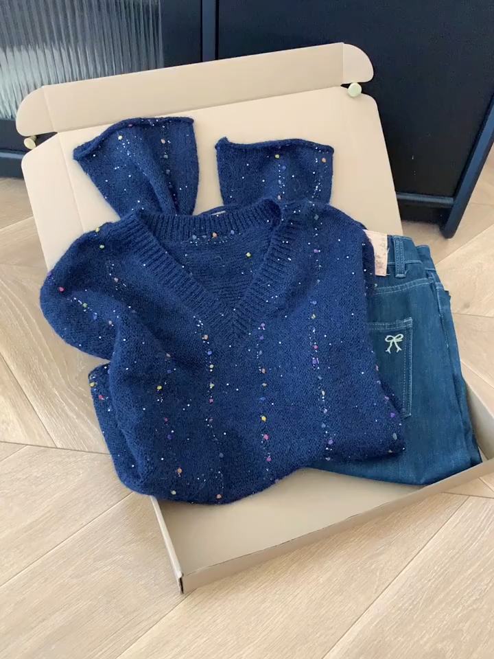 喇叭袖复古V领套头长袖宽松外穿毛衣女慵懒风高级感加厚针织上衣