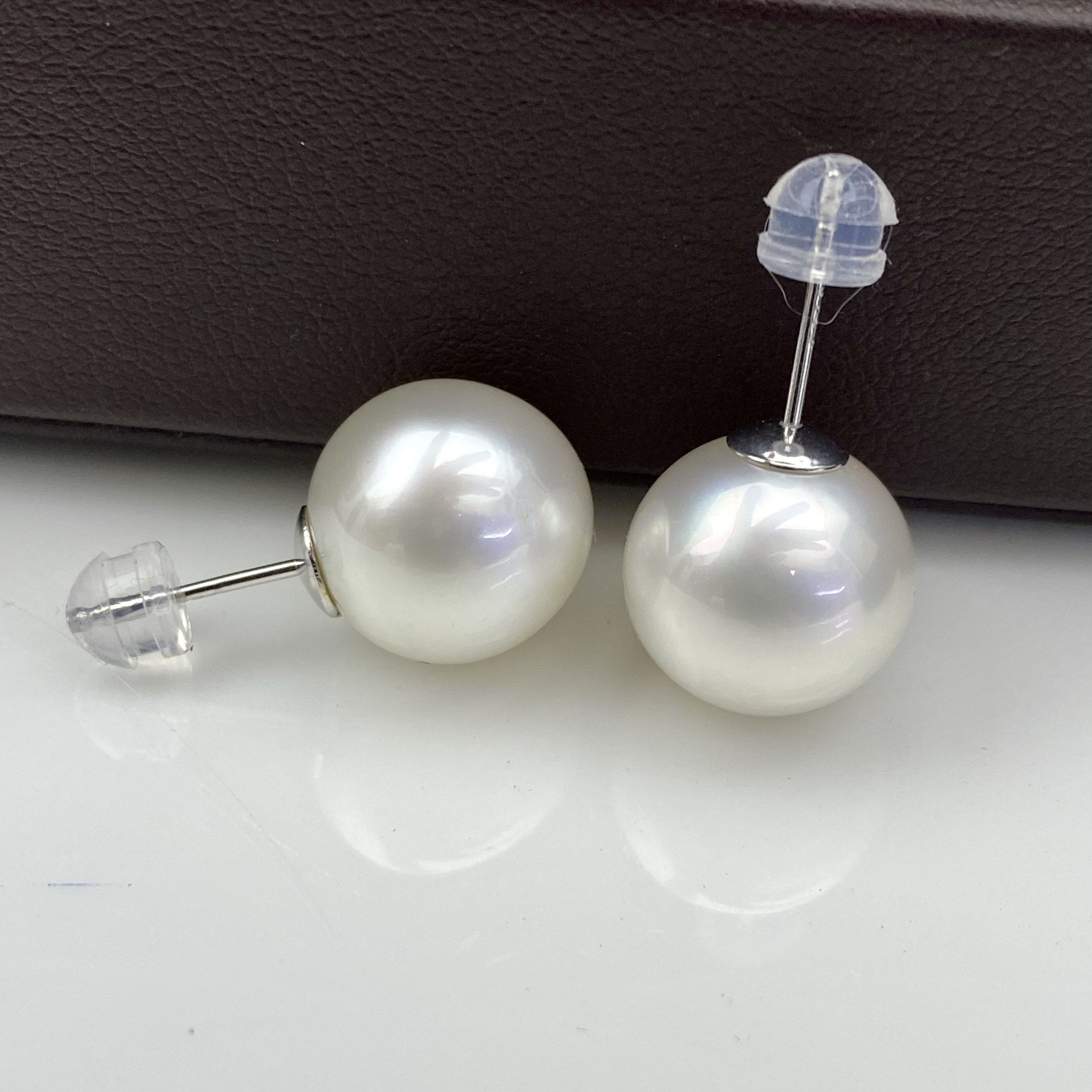 简约澳白金耳钉干枯色澳白珍珠耳环天然海水珍珠耳饰12珍珠大耳钉