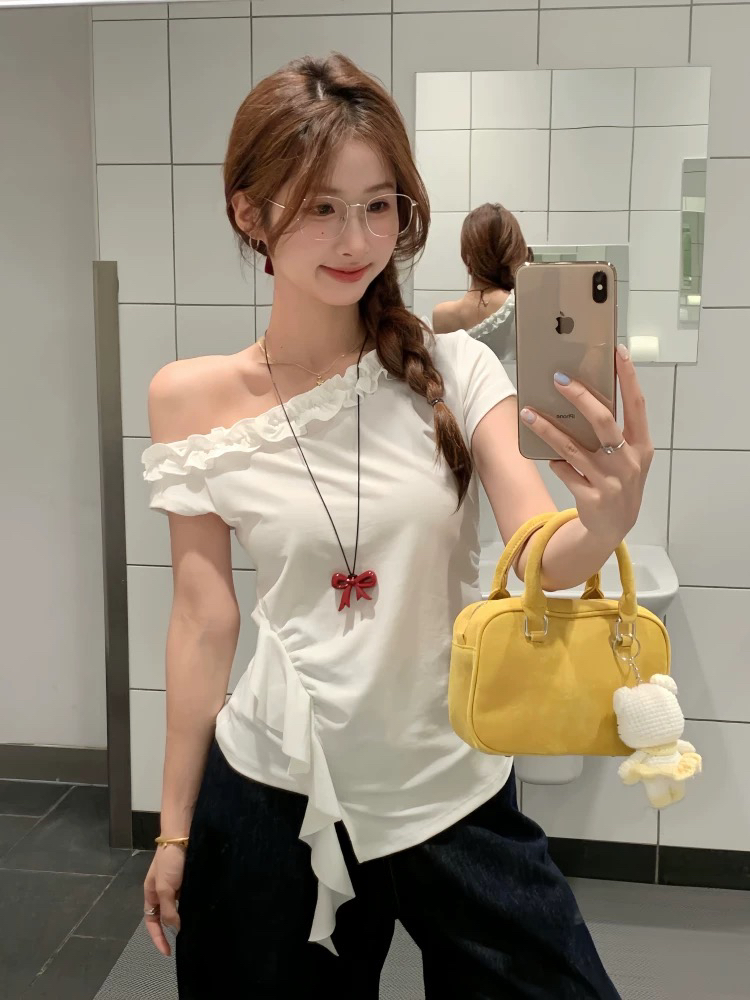 辣妹常规款修身短袖T恤修身型杂志风复古白色纯色