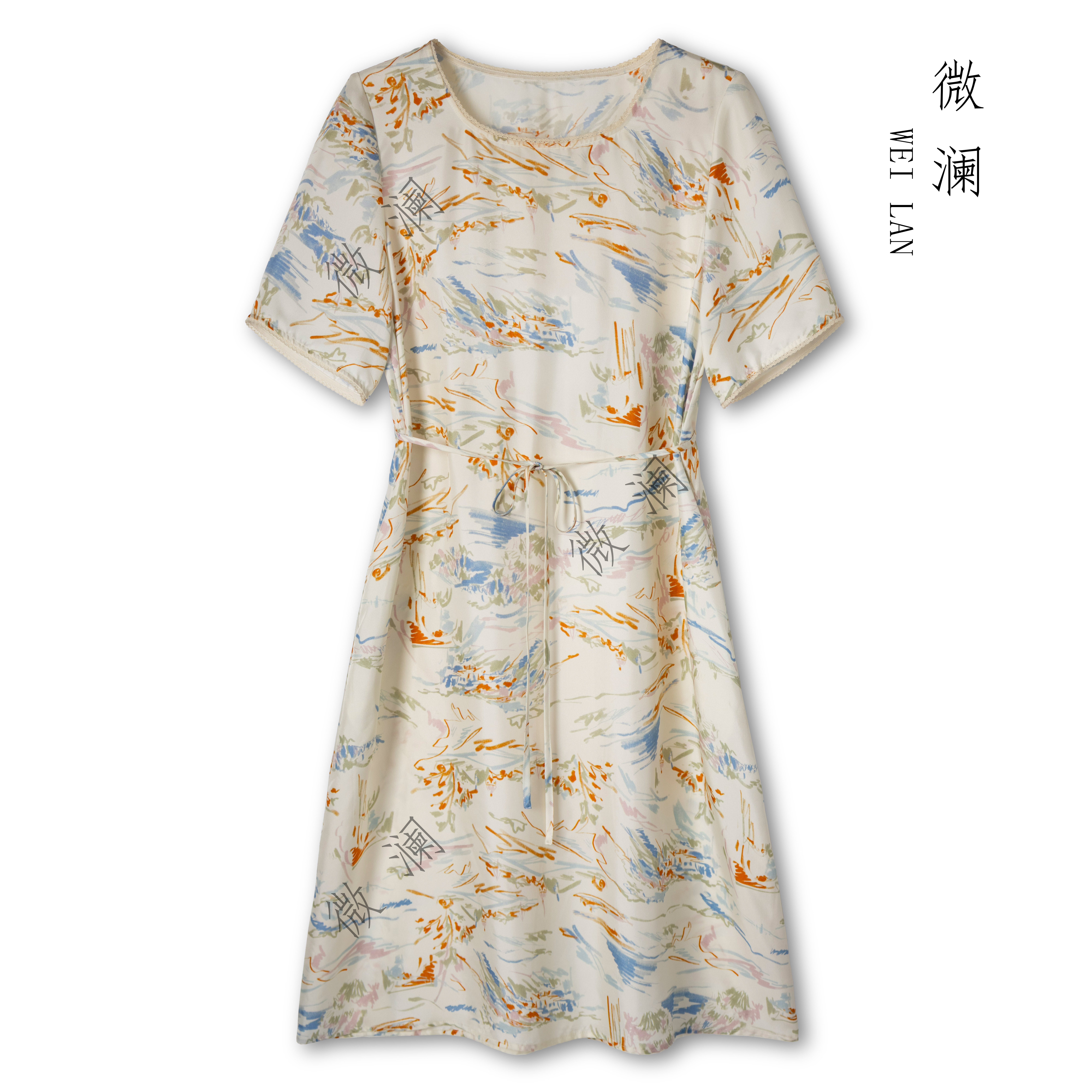 【白茶】短款方领100斜纹绸桑蚕丝高端桑蚕丝显瘦连衣裙5A025-1