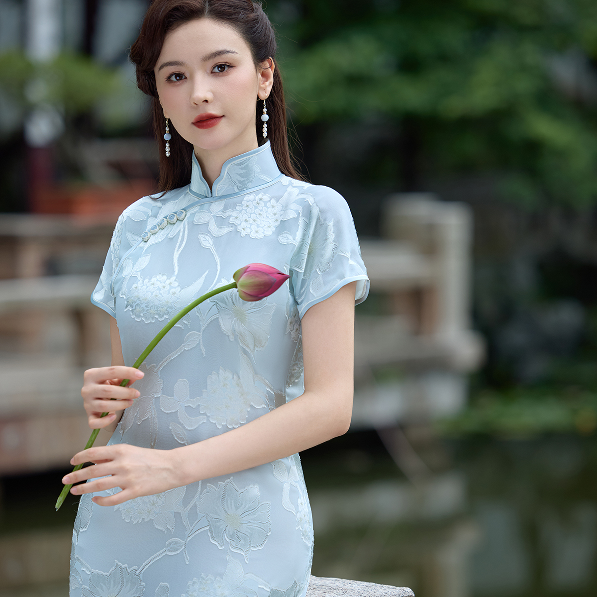 玉剪光 中国风长款古法平裁修身真丝剪花绡传统手工旗袍