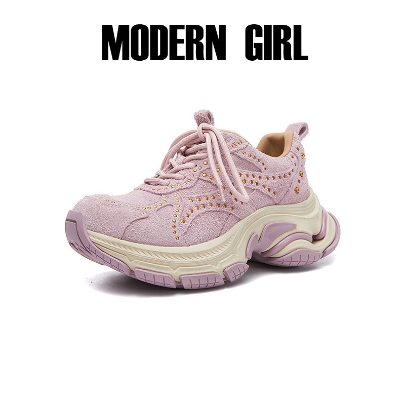 摩登女郎2025秋新款休闲运动老爹鞋水钻女单鞋粉色真皮