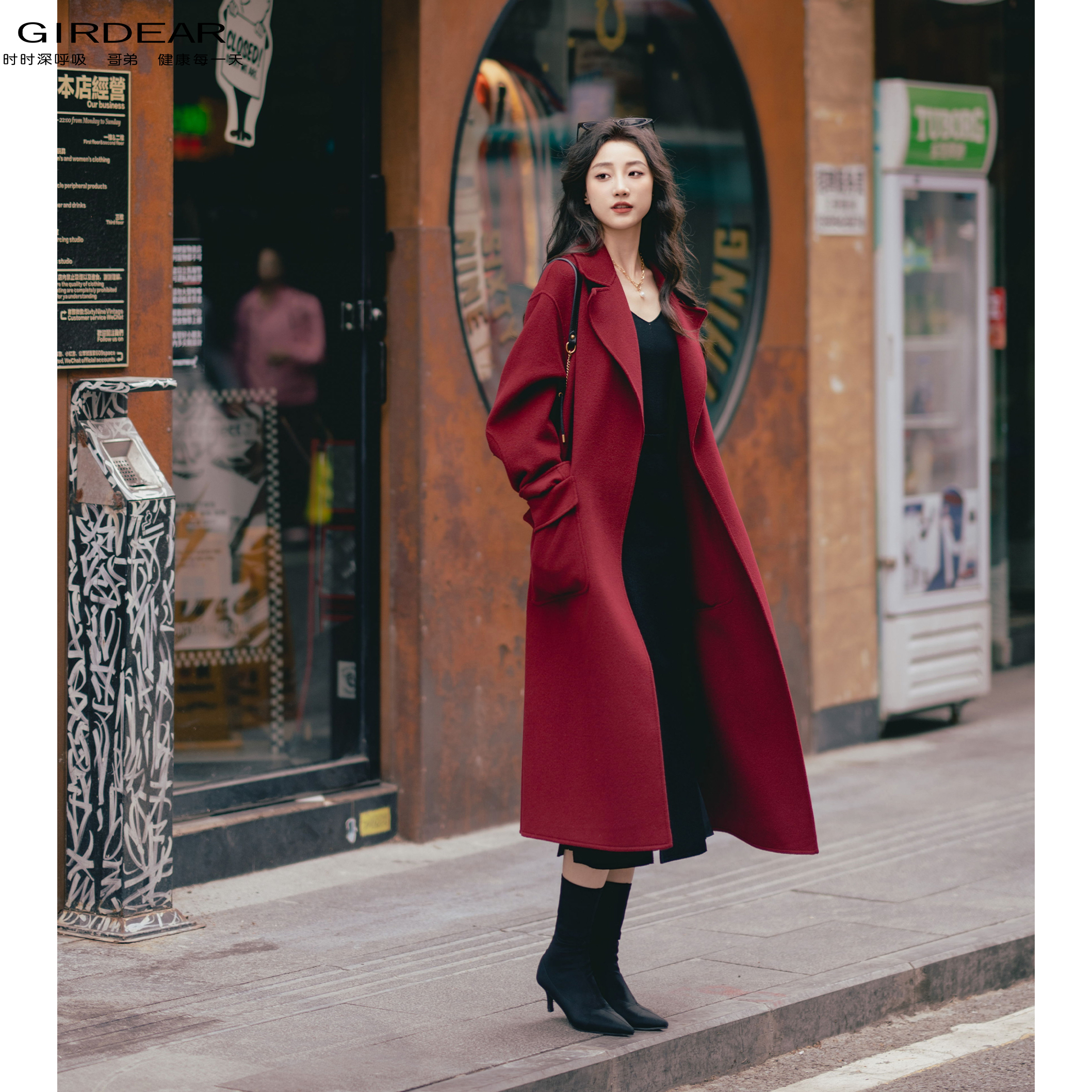 GIRDEAR/哥弟秋冬新款时尚简约气质百搭宽松长款毛呢大衣 1400640