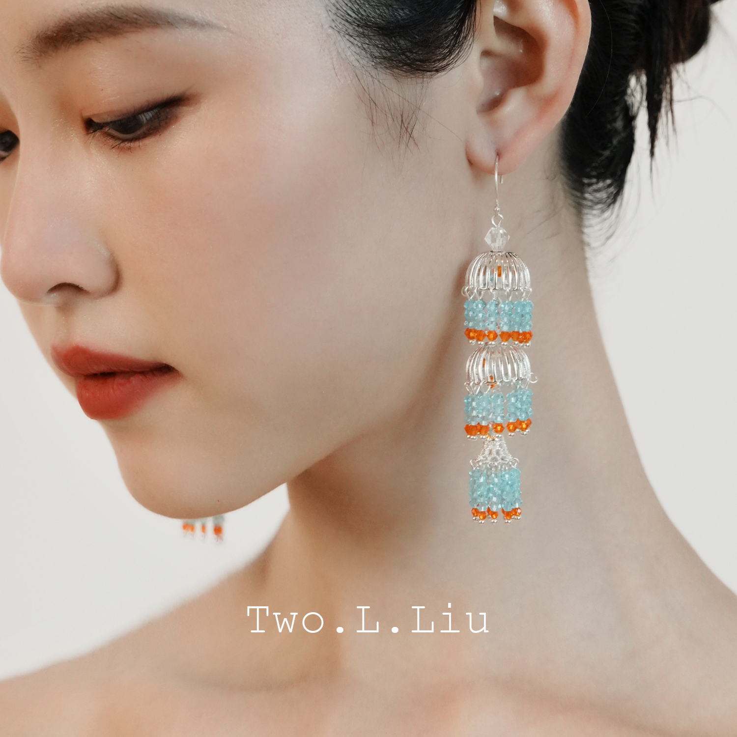 铜合金玻璃耳饰 只此青绿新中式系列蓝色流苏耳环女民族风