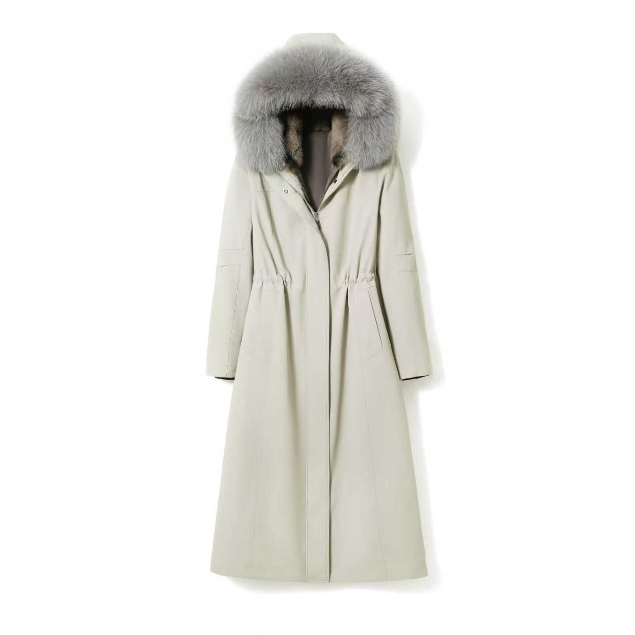 2025女款新款修身显瘦长款派克服可摘卸獭兔皮毛一体内胆