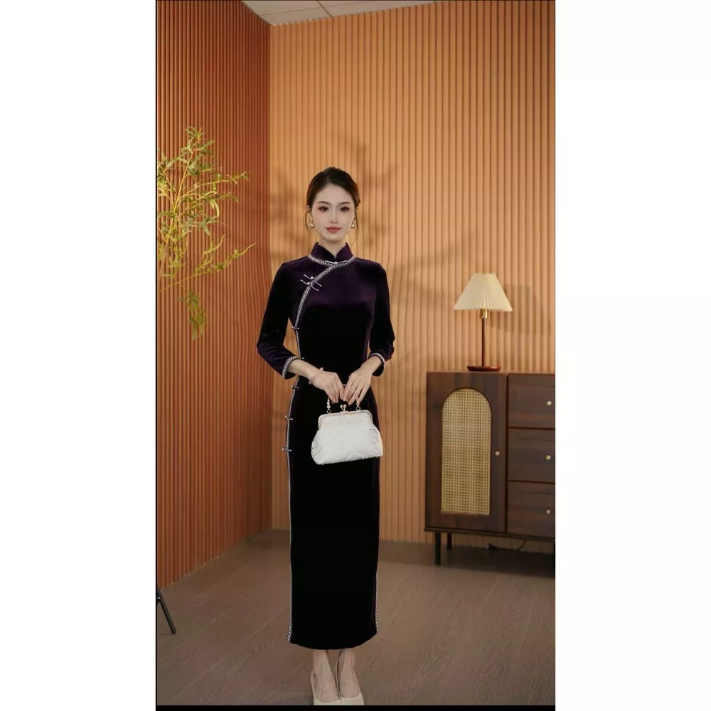 【紫月幽兰】衣长125早秋新款长袖长款显瘦减龄高档旗袍
