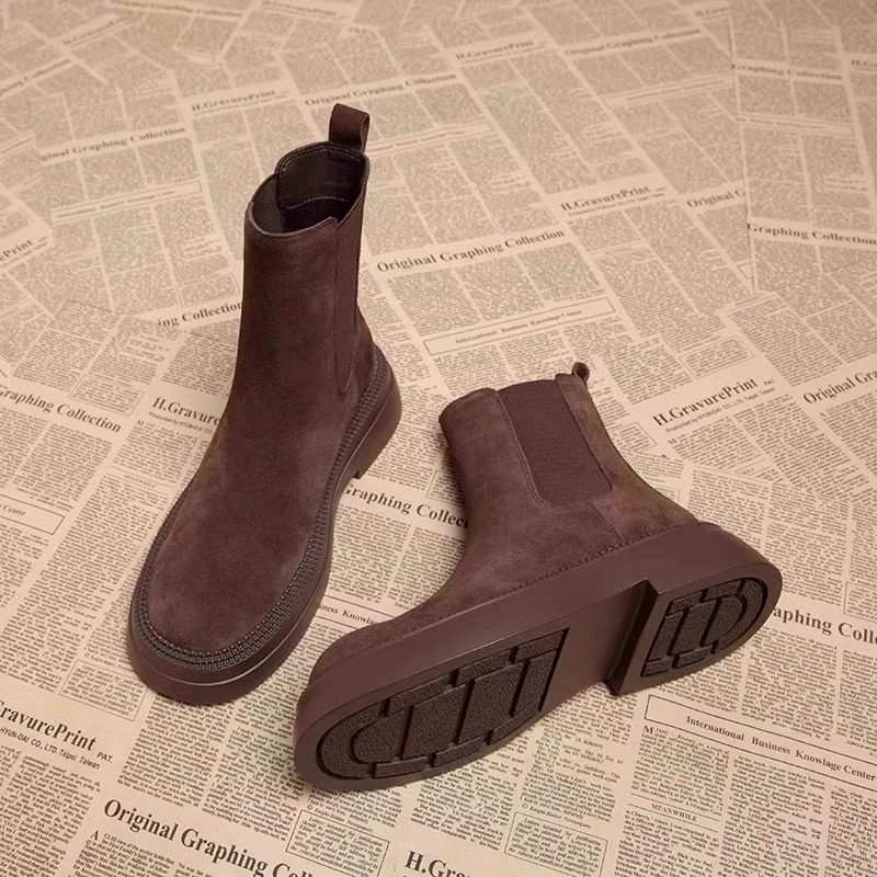 dhini马丁靴女款2025秋冬款磨砂圆头百搭厚底切尔西烟筒加绒短靴