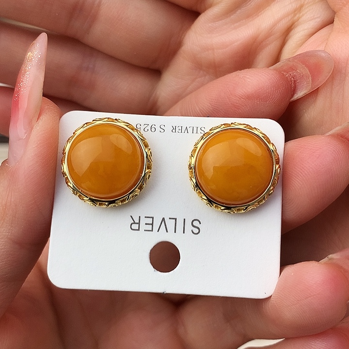 蜜蜡耳饰银S925镶嵌耳饰