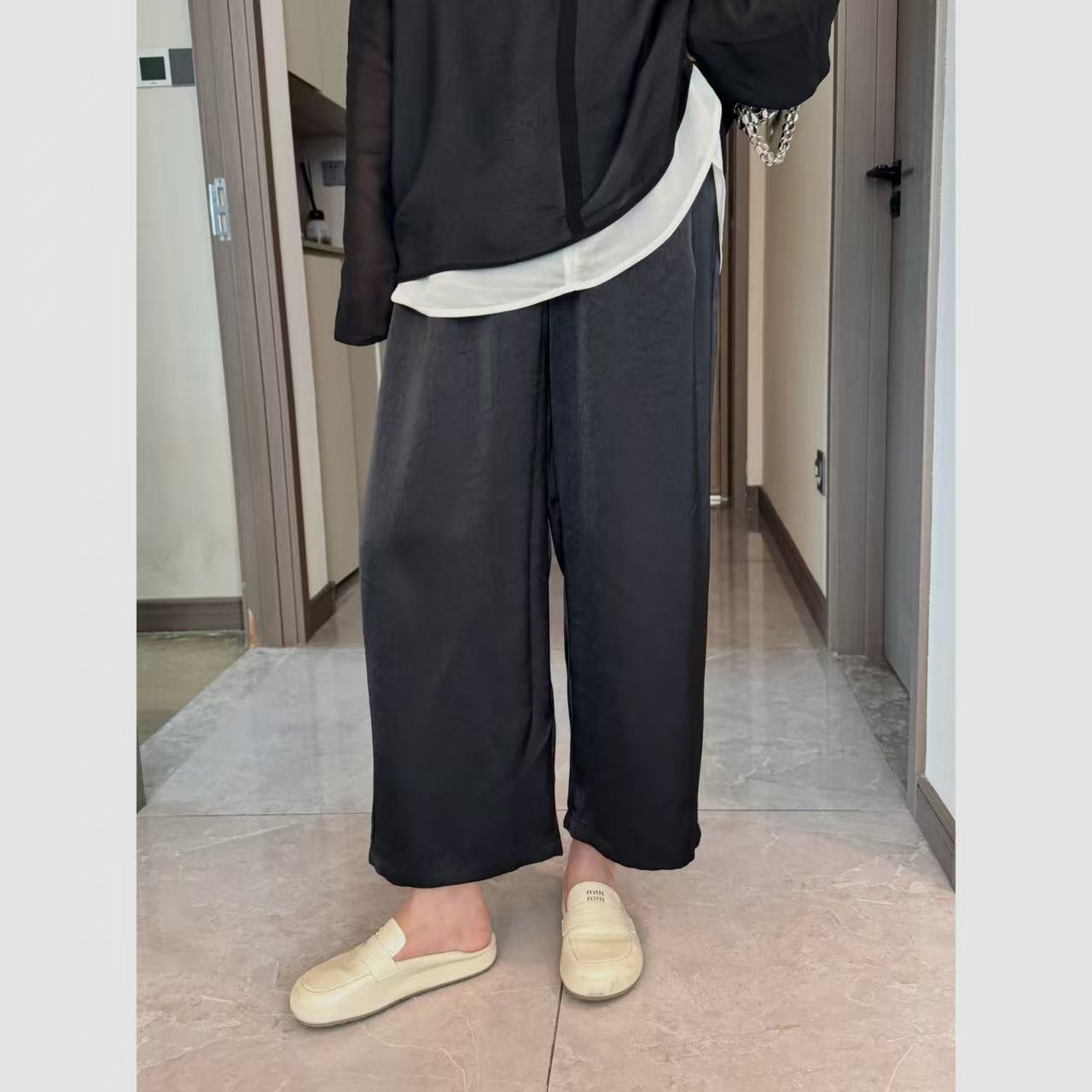 Xiaix【黑色脉络】休闲宽松百搭黑色暗纹阔腿九分萝卜裤KZ250626