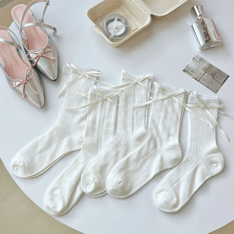 韩系飘带蝴蝶结甜美少女风堆堆袜春夏款透气镂空网眼纯白色中筒袜
