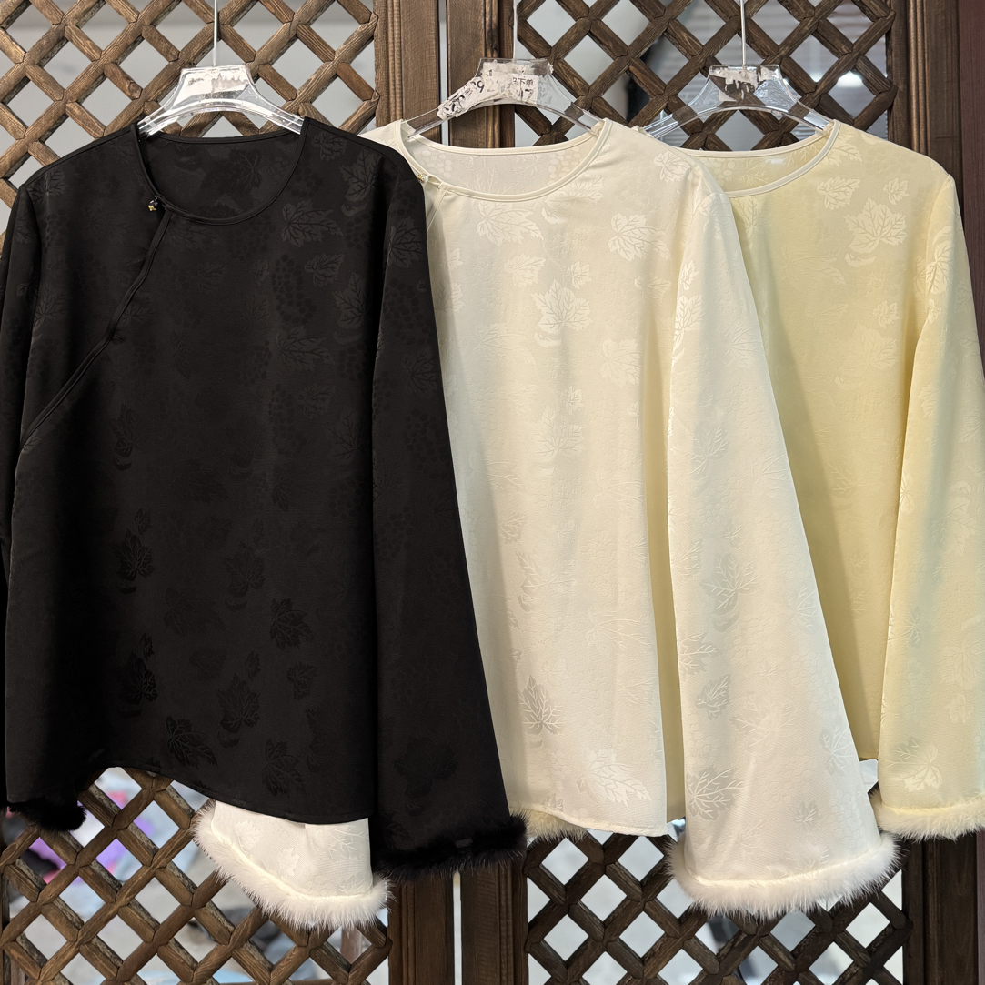 小花家三色枫叶花螺毛毛上衣