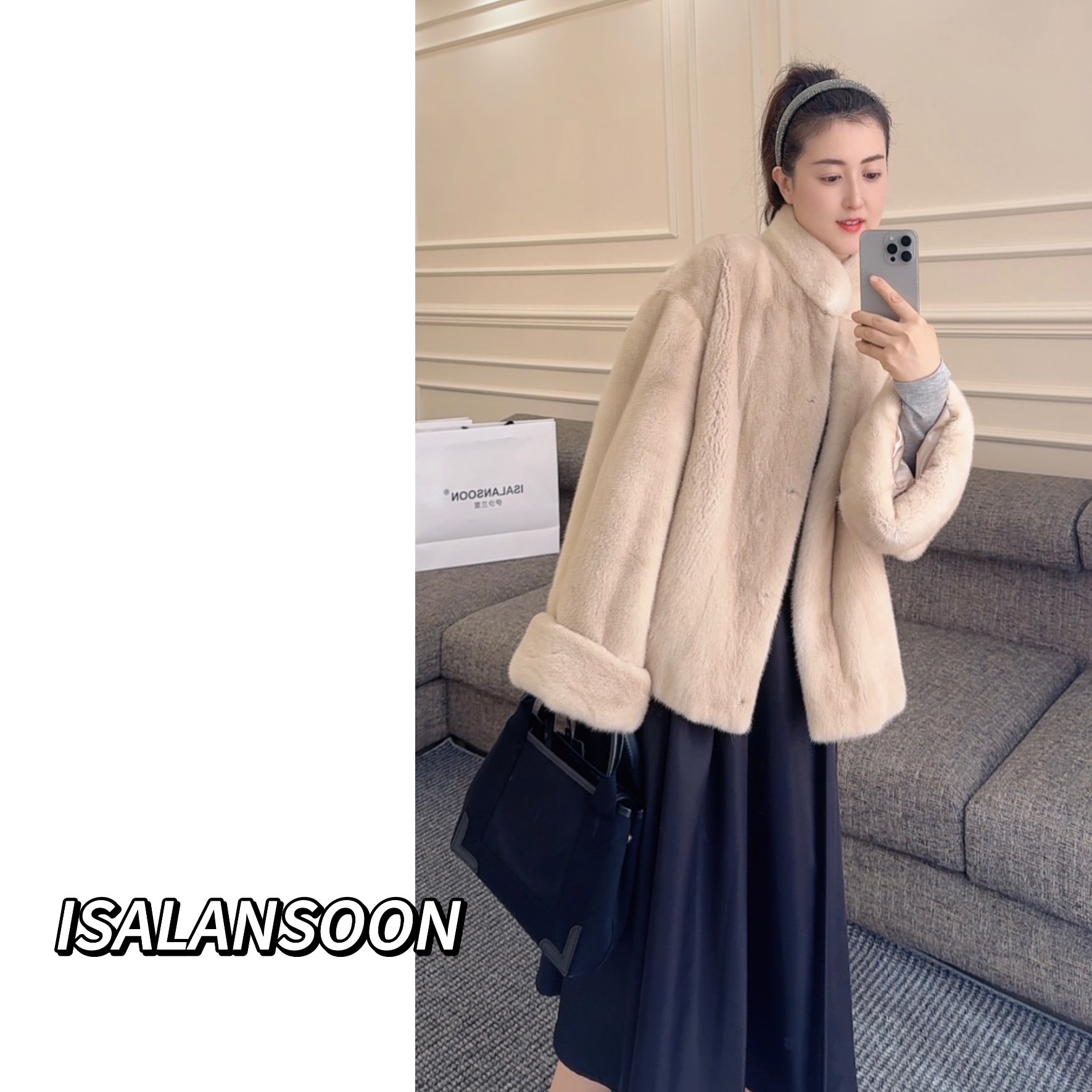 ISALANSOON FURS “巴黎典藏”丹麦进口水貂挽袖设计立领外套女-002