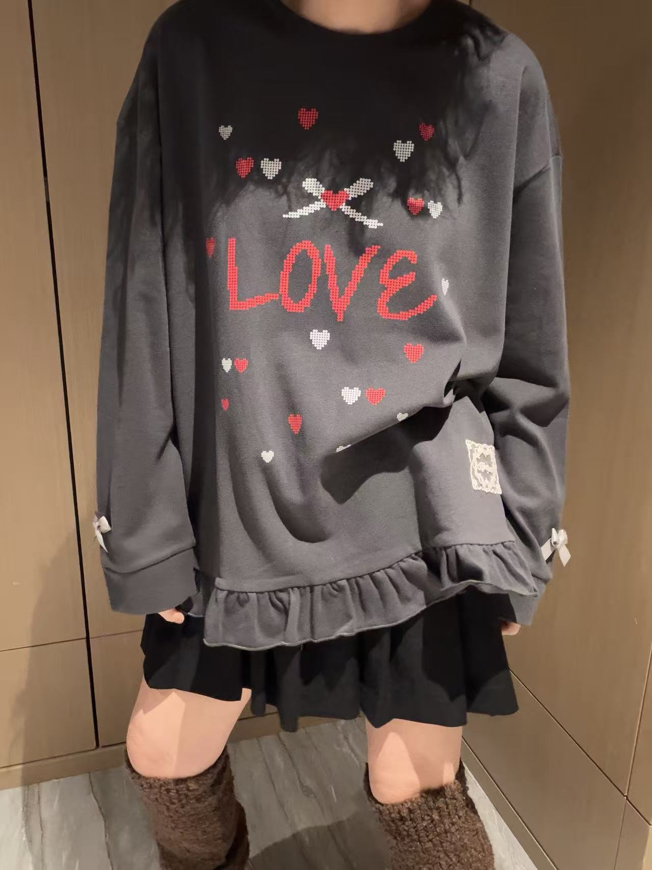 韩版秋季新款爱心蝴蝶结花边打底衫女上衣