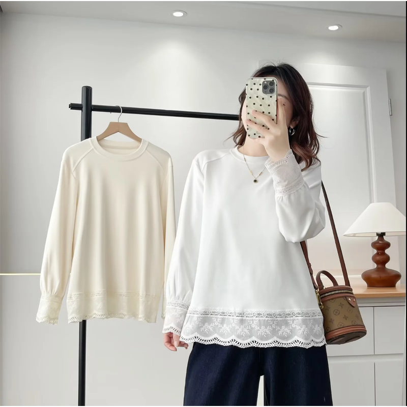 大码女士休闲拼接蕾丝花边圆领长袖女装秋冬款百搭显瘦打底衫上衣