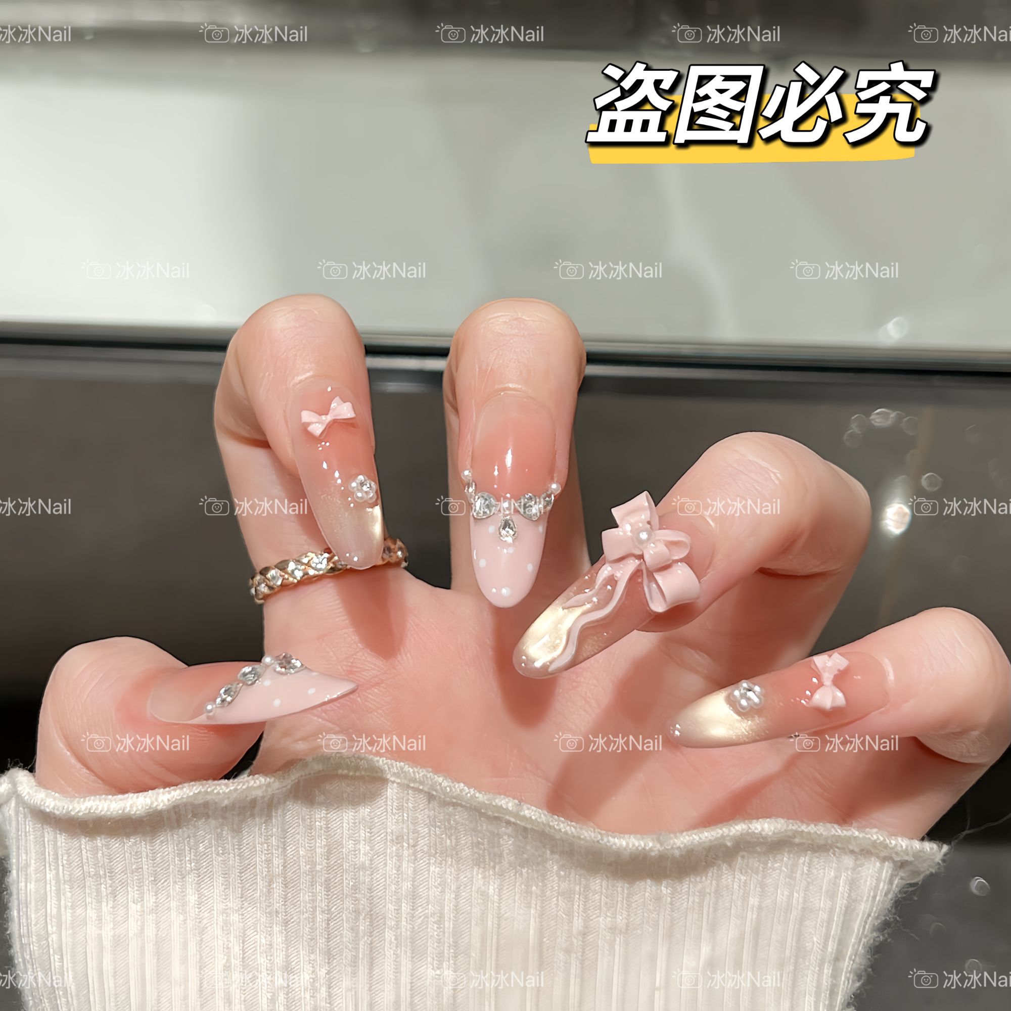 【薇薇安】轻奢纯手工穿戴甲法式猫眼蝴蝶结光疗美甲四季流行10片