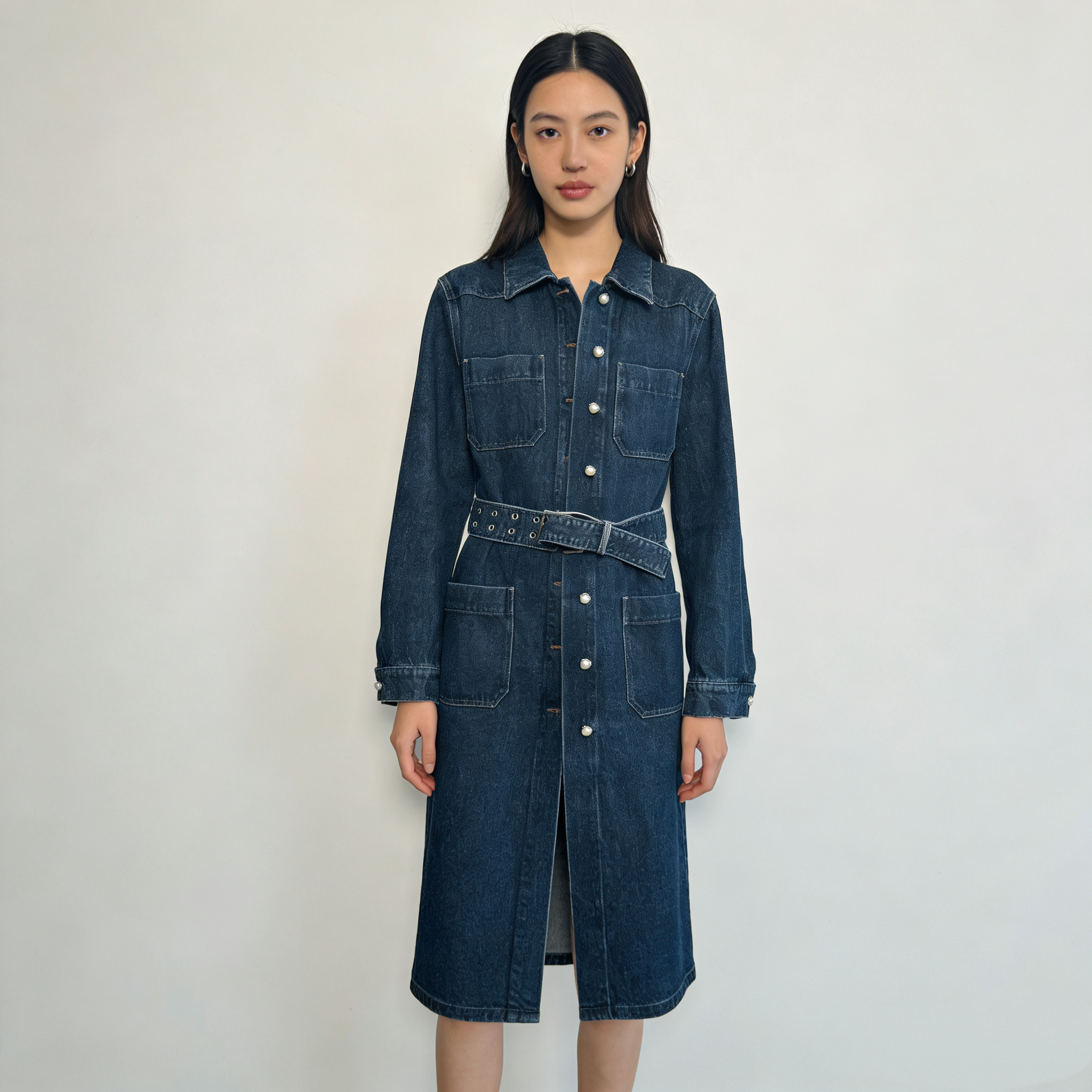 99新 MIU MIU/缪缪 E600072/99新/珍珠装饰牛仔衬衫连衣裙/尺码38