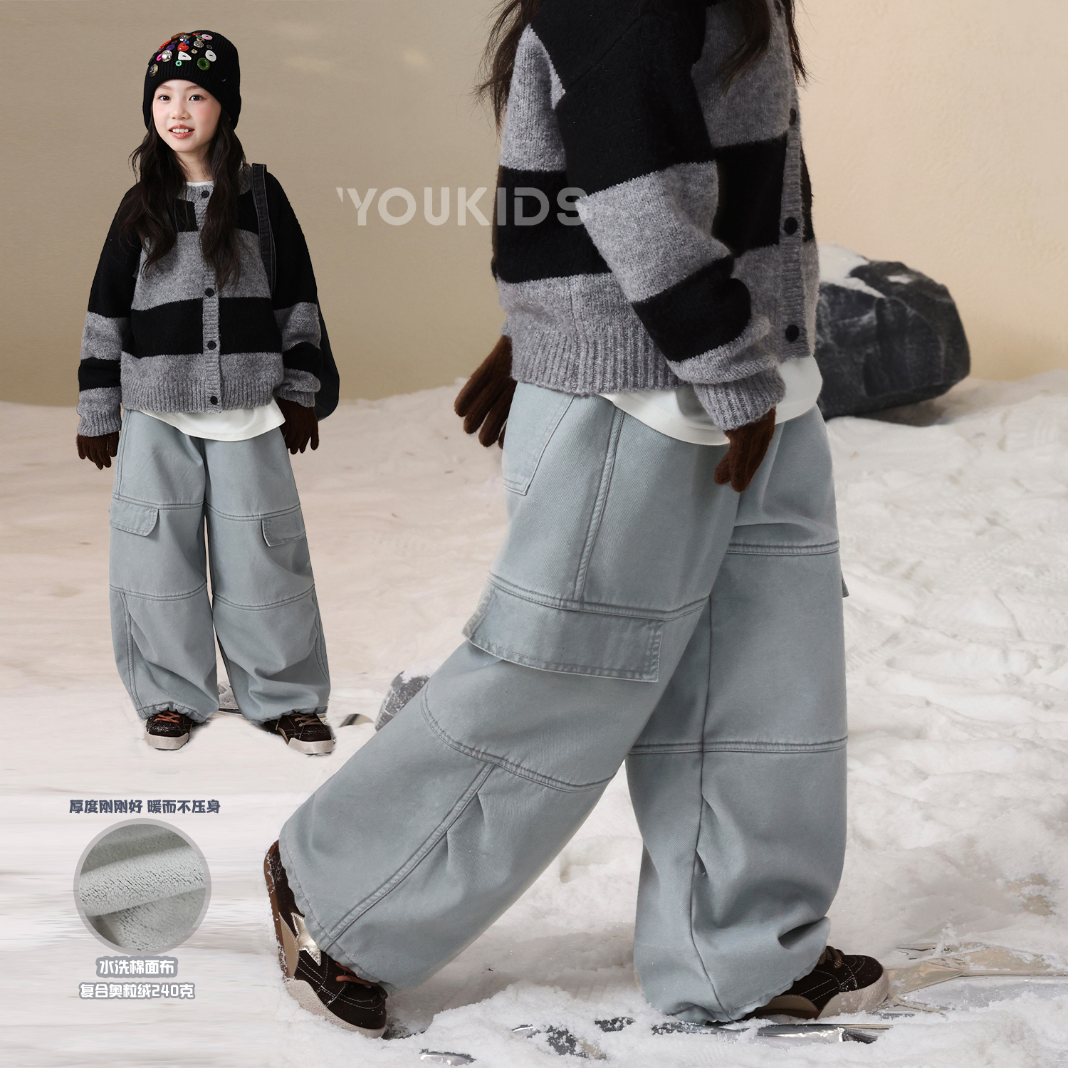 NAIYOUKIDS【这蓝好酷】女童工装裤冬复古加绒宽松直筒休闲裤K2681