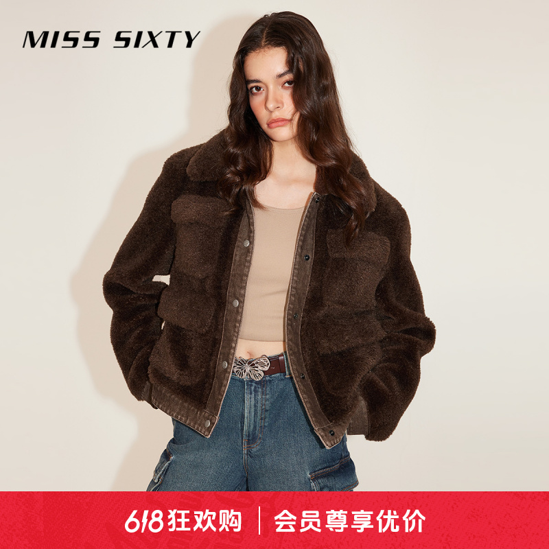 人造皮草  Miss Sixty仿皮草外套拼接复古棕美拉德夹克