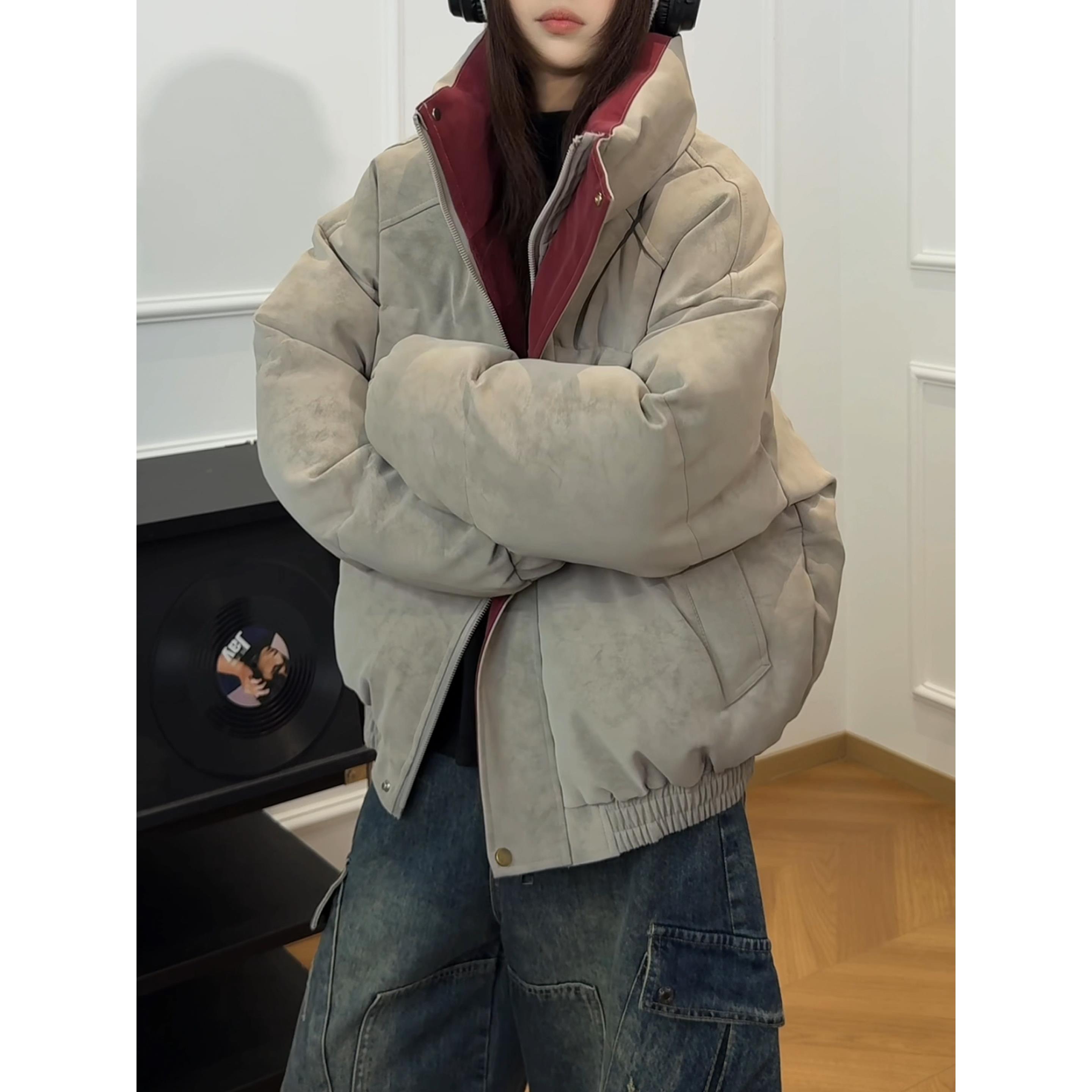 美式复古扎染皮衣棉服男款冬季加厚撞色立领棉衣显瘦不臃肿面包服