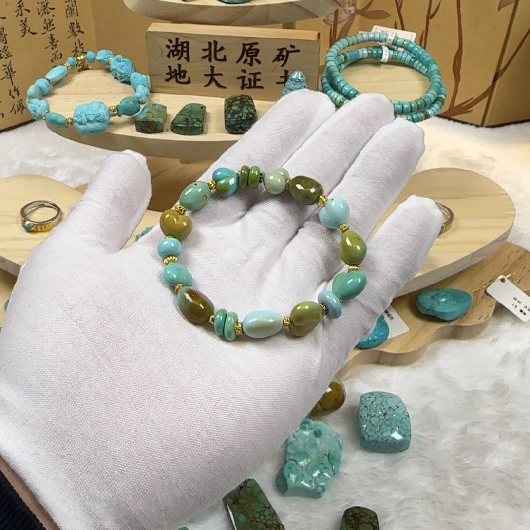 绿松石银S925镀金镶嵌糖豆随型手串14