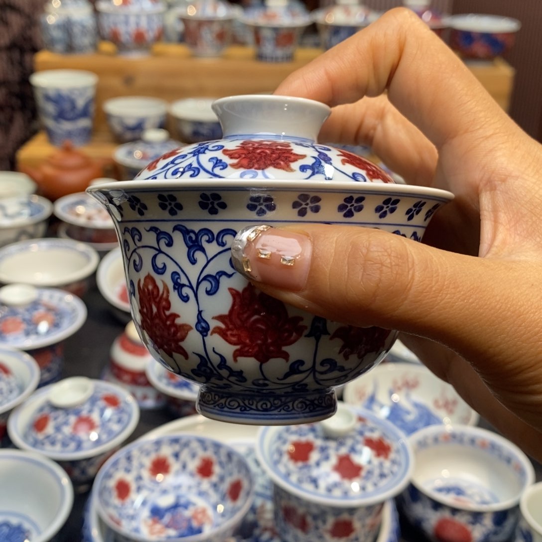 爱****，盖碗盖碗柴窑原矿釉里红