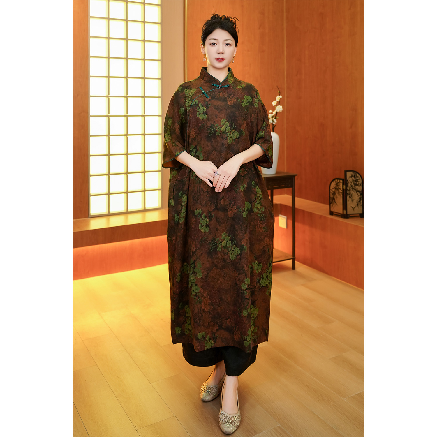 【玉梅花】2025年新款100%桑蚕丝莨纱改良大码连衣裙