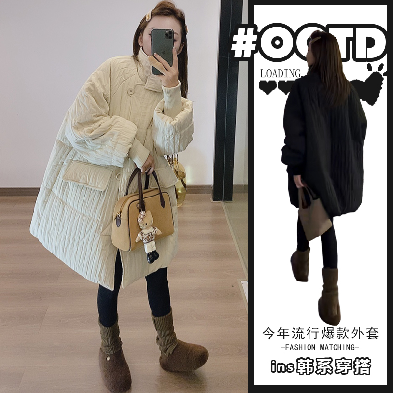 今年流行漂亮秋冬款韩版棉服女赫本风褶皱休闲中长款时尚减龄外套