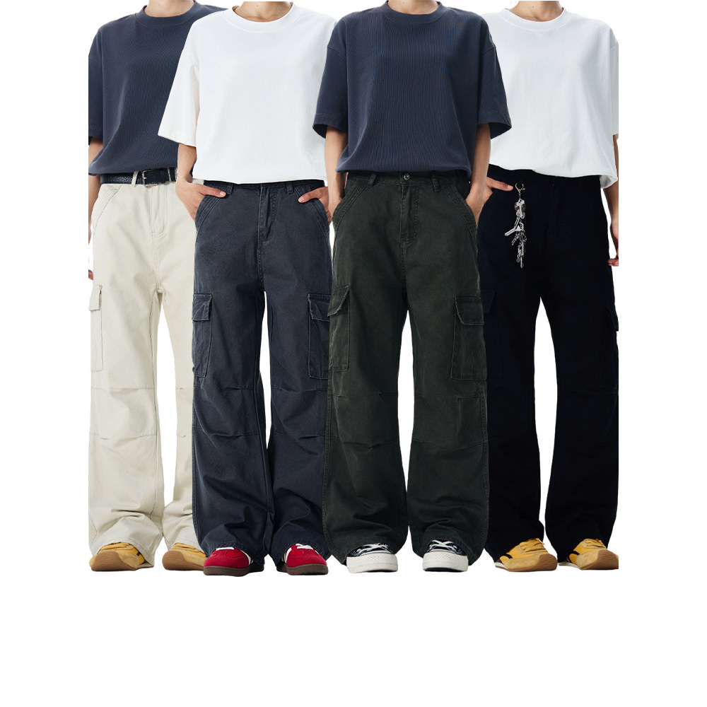 椿来美式高街vintage水洗做旧工装裤男女阔腿宽松直筒长裤子