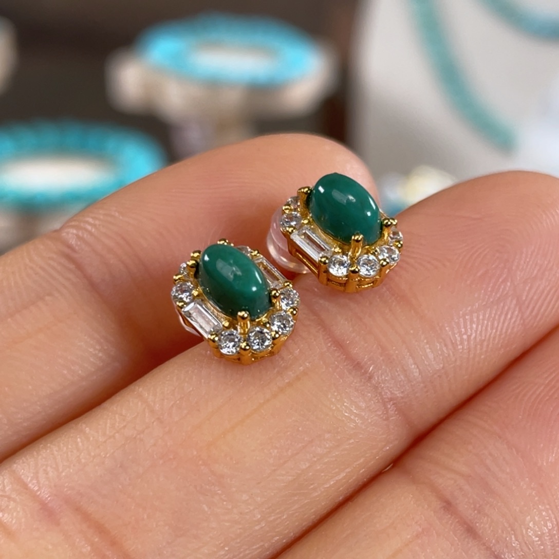 绿松石银S925镀金镶嵌套链精美耳钉