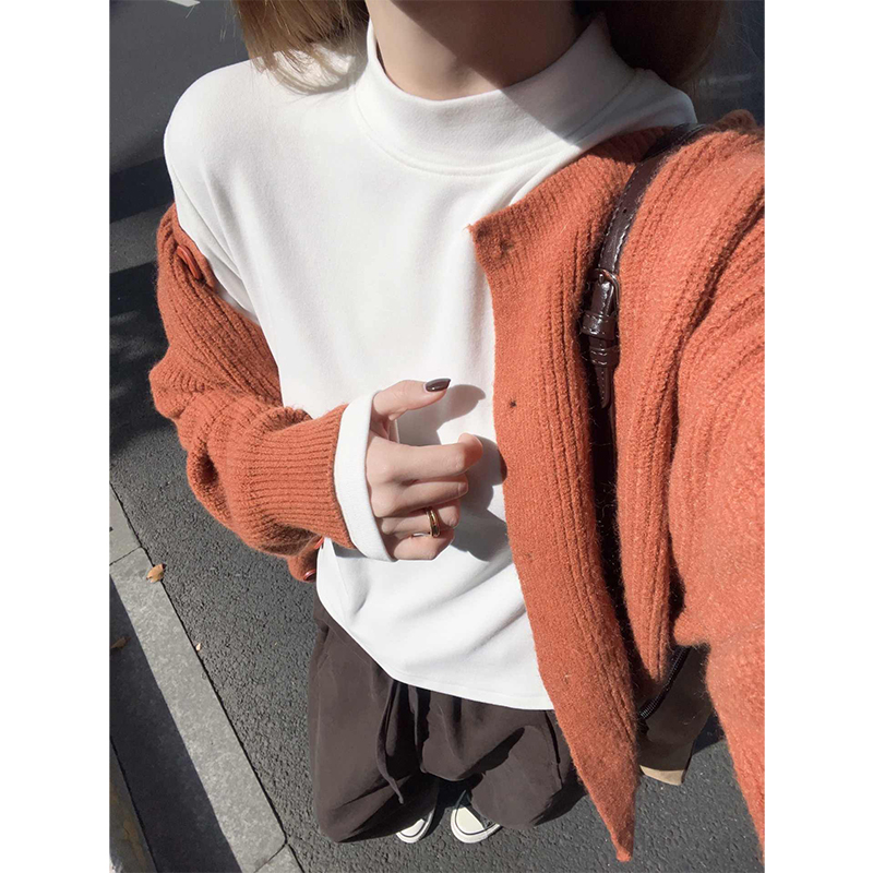 白色正肩收腰小立领长袖打底衫女秋冬季保暖德绒t恤修身显瘦上衣