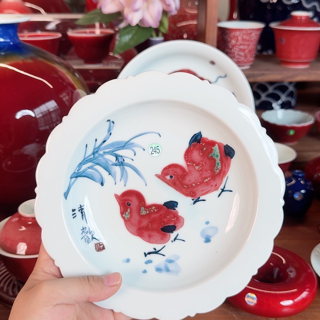 碟青花釉里红纯手工小鸡盘——微瑕245