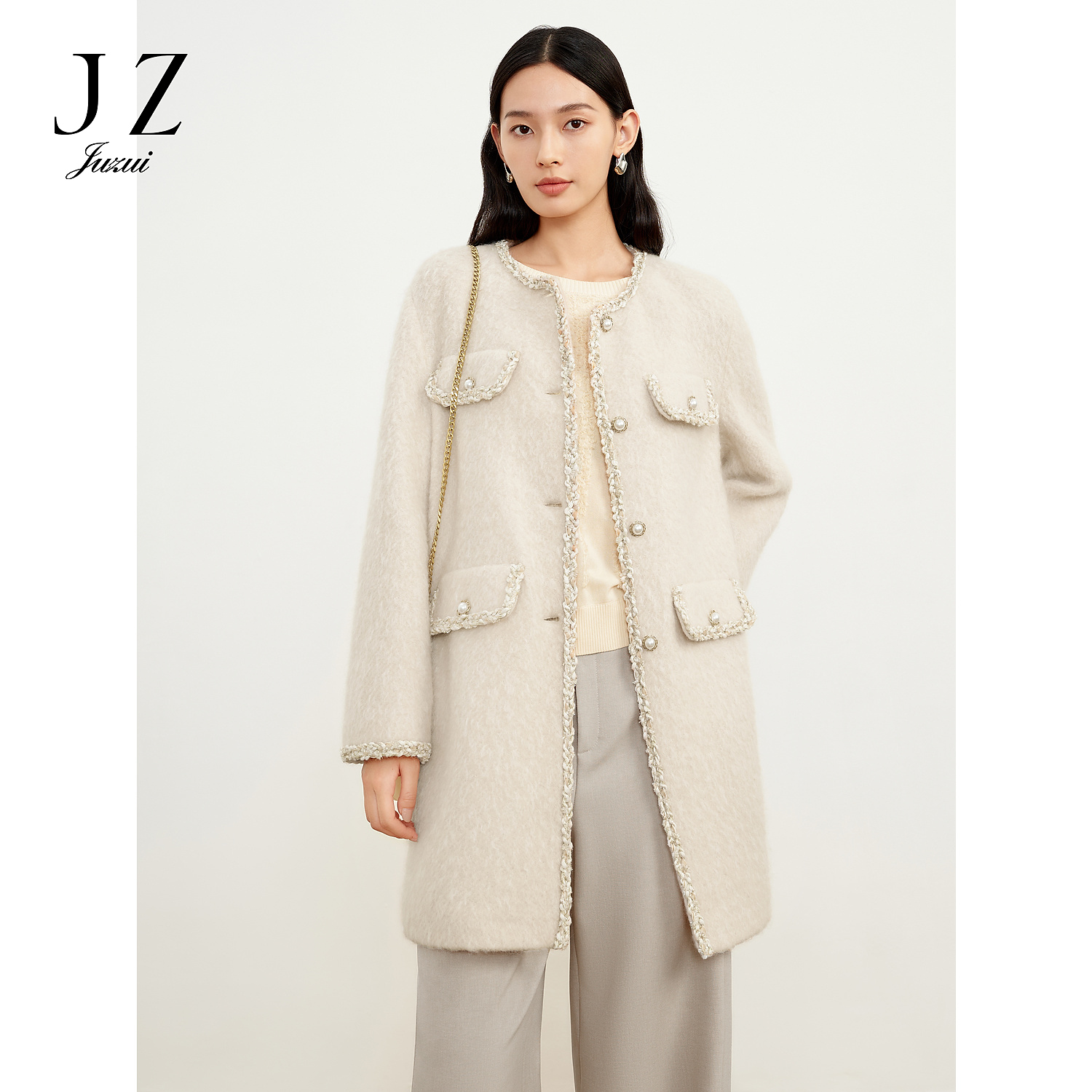 【丽公主专属】玖姿·安娜蔻JTDD72216圆领外套中长款厚大衣女冬